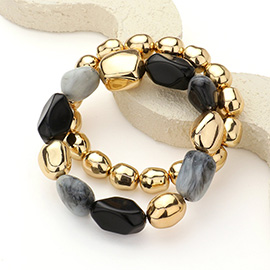 2PCS - Natural Pebble Stone Metal Ball Beaded Stretch Layered Bracelets