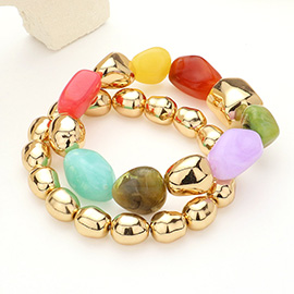 2PCS - Natural Pebble Stone Metal Ball Beaded Stretch Layered Bracelets