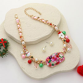 Stone Embellished Enamel Christmas Plate Pendant Charm Station Ribbon Twisted Chain Necklace