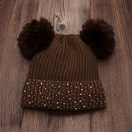 Double Pom Pom Bling Studded Cuff Beanie Hat