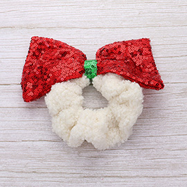 Sequin Christmas Bow Sherpa Scrunchie Hairband