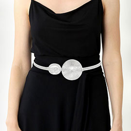 Textured Round Oval Buckle Accented Stretch Metal Belt