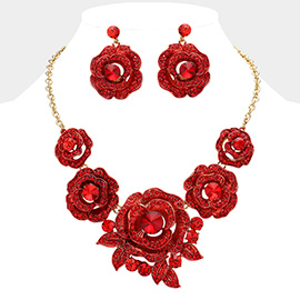 Round Stone Accented Rhinestone Paved Rose Embellished Statement Necklace