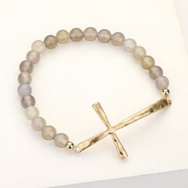 Hammered Metal Cross Semi Precious Natural Stone Beaded Stretch Bracelet