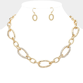 Stone Paved Textured Metal Oval Link Chain Necklace