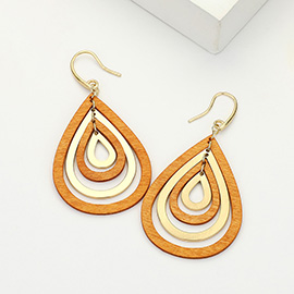 Wood Metal Teardrop Layered Dangle Earrings