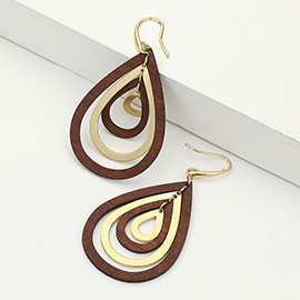 Wood Metal Teardrop Layered Dangle Earrings