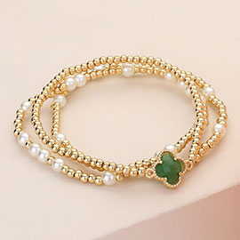 3PCS - Quatrefoil Pointed Pearl Metal Ball Beaded Stretch Multi Layered Bracelets