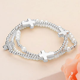 3PCS - Pearl Metal Cross Ball Beaded Stretch Multi Layered Bracelets