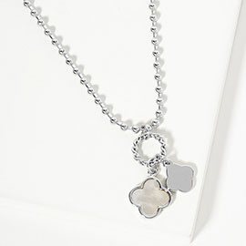 White Gold Dipped Double Quatrefoil Pendant Bubble Chain Necklace