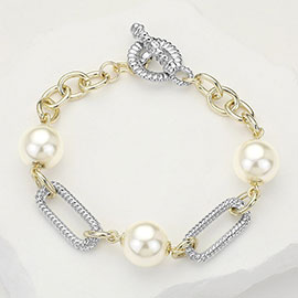 14K Gold Plated Two Tone Pearl Textured Paperclip Link Toggle Bracelet