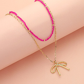 Metal Bow Pendant Seed Beaded Paperclip Chain Layered Necklace