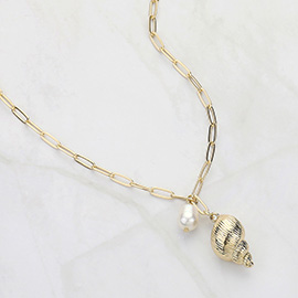 Metal Shell Natural Pearl Charm Paperclip Chain Necklace