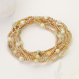 6PCS - Natural Stone Metal Ball Beaded Stretch Multi Layered Bracelets