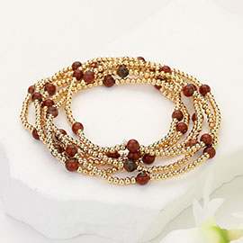 6PCS - Natural Stone Metal Ball Beaded Stretch Multi Layered Bracelets