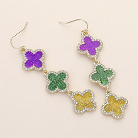 Triple Stone Paved Rim Sparkly Mardi Gras Quatrefoil Link Dropdown Dangle Earrings