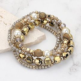 4PCS - Semi Precious Pearl Faceted Beaded Stretch Multi Layered Bracelets