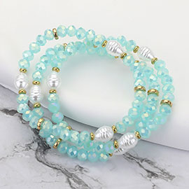 3PCS - Pearl Faceted Beaded Stretch Multi Layered Bracelets