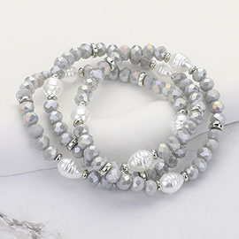 3PCS - Pearl Faceted Beaded Stretch Multi Layered Bracelets