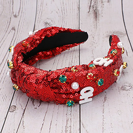 HOHOHO Message Stone Cluster Embellished Christmas Sequin Knot Headband