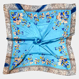 Flower Pattern Printed Square Silky Satin Scarf Shawl