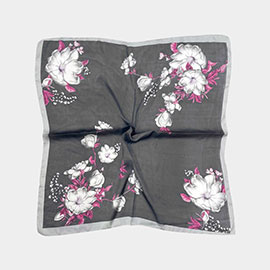 Flower Printed Square Silky Satin Scarf Shawl