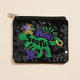 Mardi Gras Saurus Sequin Seed Beaded Mini Pouch Bag