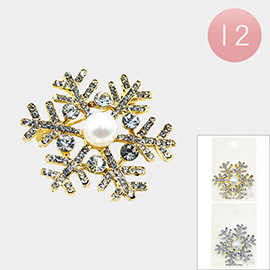 12PCS - Pearl Centered Stone Paved Snowflake Pin Brooches