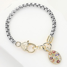 Two Tone CZ Stone Embellished Oval Charm Bracelet