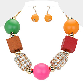 Wooden Ball Cube Rhinestone Tube Link Statement Necklace