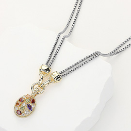 14K Gold Plated CZ Stone Embellished Oval Pendant Double Chain Necklace