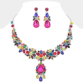 Teardrop Stone Cluster Pendant Flower Stone Embellished Evening Necklace