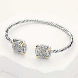 Two Tone CZ Stone Paved Square Tip Cuff Bracelet