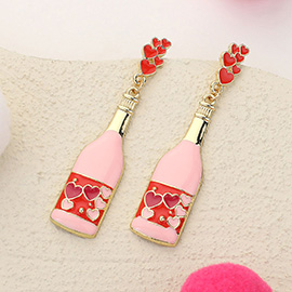 Enamel Heart Pink Champagne Bottle Dangle Earrings