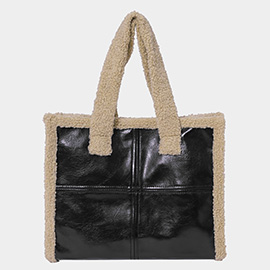 Fleece Trim Faux Leather Tote Bag / Crossbody Bag