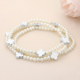 3PCS - Metal Quatrefoil Pearl Beaded Stretch Multi Layered Bracelets