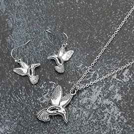 Antique Metal Hammered Open Hummingbird Pendant Necklace