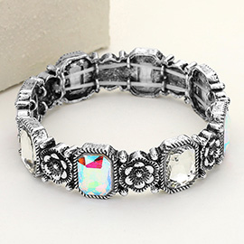 Rectangle Stone Cluster Western Metal Flower Link Stretch Bracelet