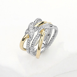 Two Tone CZ Stone Paved Crisscross Pointed Ring