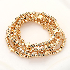 3PCS - Metal Cross Ball Beaded Stretch Multi Layered Bracelets