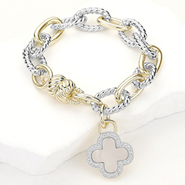 14K Gold Plated Two Tone CZ Stone Paved Mother Of Pearl Quatrefoil Charm Magnetic Bracelet