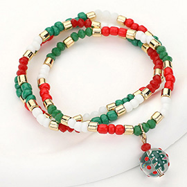 3PCS - Christmas Tree Ball Charm Beaded Stretch Multi Layered Bracelets