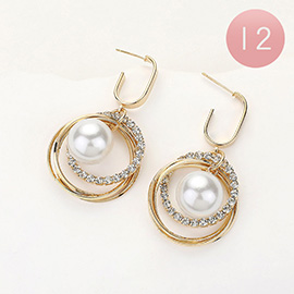 12Pairs - Stone Paved Metal Ring Mix Pearl Ball Dangle Earrings