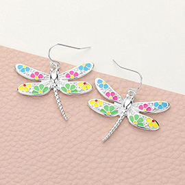 Flower Patterned Dragonfly Dangle Earrings