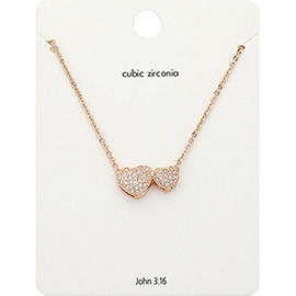 CZ Stone Paved Double Heart Pendant Necklace