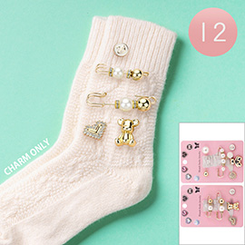 12 SET - Pearl Safety Pin Metal Teddy Bear Stone Embellished Heart Pin Trendy Slouch Socks Charm Jewelry