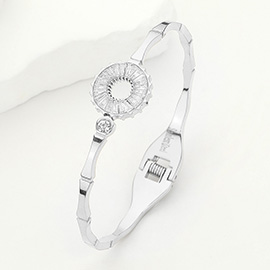 Stainless Steel Baguette Stone Embellished Donut Pointed Hinged Bangle Bracelet