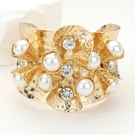 Pearl Stone Embellished Textured Metal Cuff Bracelet