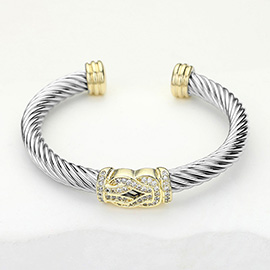 CZ Stone Paved Knot Accented Two Tone Rope Cuff Bracelet