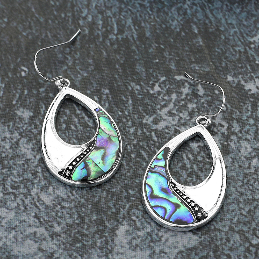 Antique Metal Abalone Open Teardrop Dangle Earrings